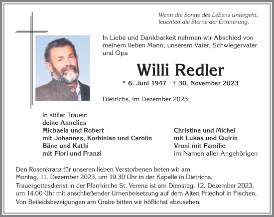 Traueranzeige von Willi Redler von Allgäuer Anzeigeblatt