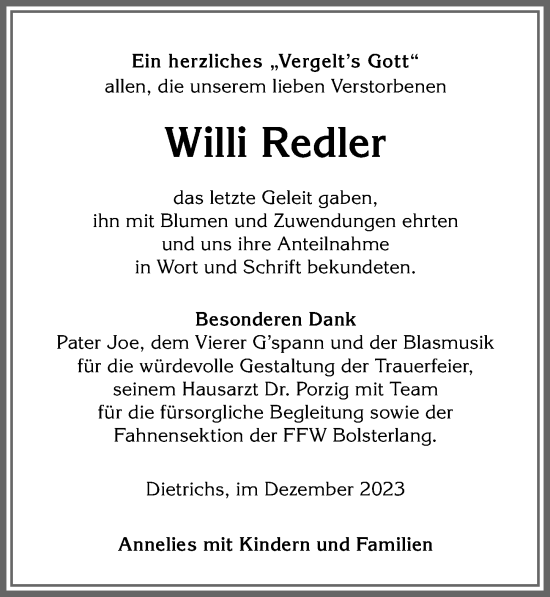 Traueranzeige von Willi Redler von Allgäuer Anzeigeblatt