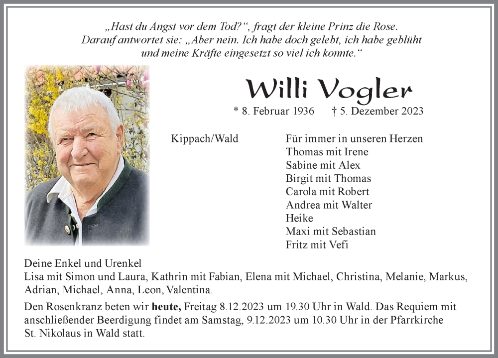 Traueranzeigen von Willi Vogler | Allgäuer Zeitung