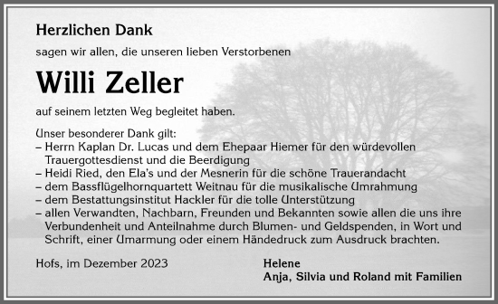Traueranzeige von Willi Zeller von Allgäuer Zeitung,Kempten