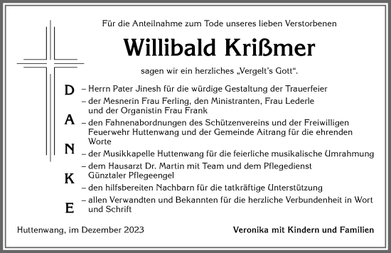 Traueranzeige von Willibald Krißmer von Allgäuer Zeitung, Marktoberdorf