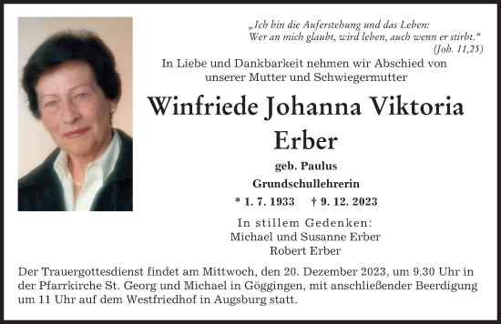 Traueranzeige von Winfriede Johanna Viktoria Erber von Augsburger Allgemeine, Mindelheimer Zeitung