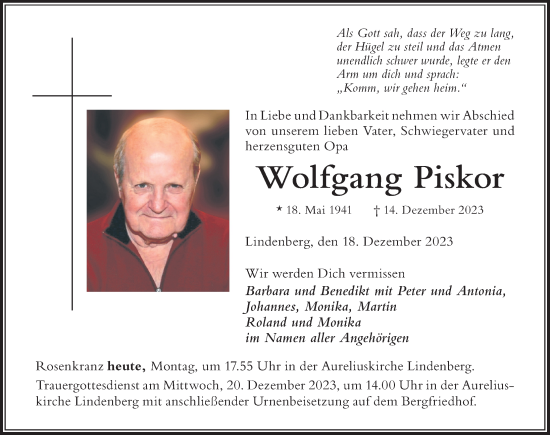 Traueranzeige von Wolfgang Piskor von Der Westallgäuer