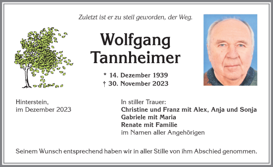 Traueranzeige von Wolfgang Tannheimer von Allgäuer Anzeigeblatt