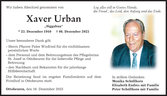 Traueranzeige von Xaver Urban von Memminger Zeitung