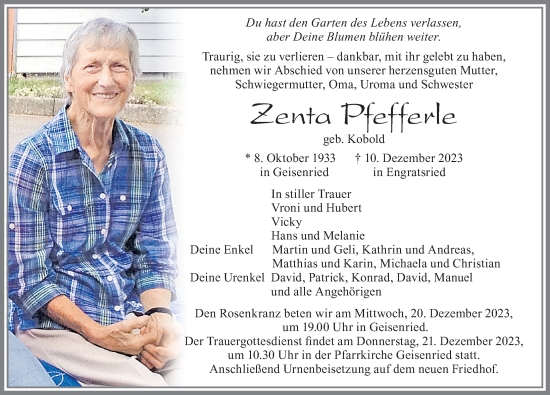 Traueranzeige von Zenta Pfefferle von Allgäuer Zeitung, Marktoberdorf