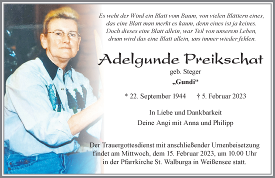 Traueranzeige von Adelgunde Preikschat von Allgäuer Zeitung, Füssen