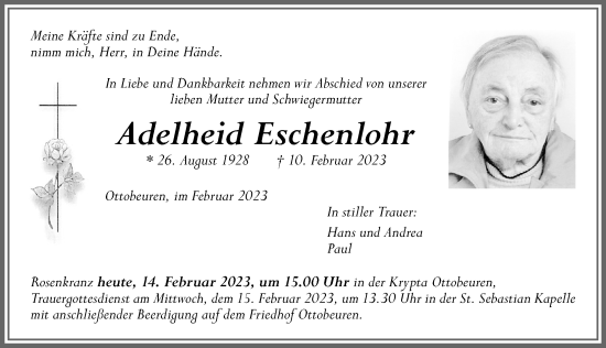 Traueranzeige von Adelheid Eschenlohr von Memminger Zeitung