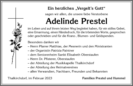 Traueranzeige von Adelinde Prestel von Allgäuer Anzeigeblatt