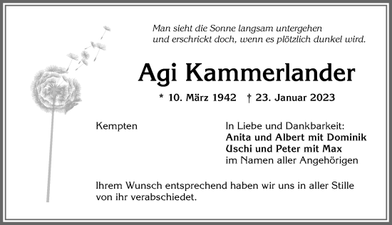 Traueranzeige von Agi Kammerlander von Allgäuer Zeitung,Kempten