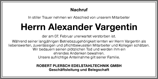 Traueranzeige von Alexander Vargentin von Memminger Zeitung