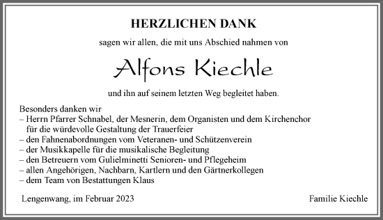 Traueranzeige von Alfons Kiechle von Allgäuer Zeitung, Marktoberdorf