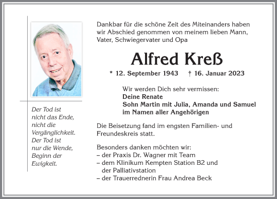 Traueranzeige von Alfred Kreß von Allgäuer Zeitung,Kempten