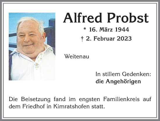 Traueranzeige von Alfred Probst von Allgäuer Zeitung,Kempten