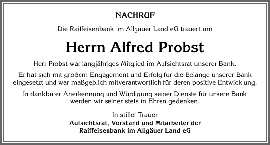 Traueranzeige von Alfred Probst von Allgäuer Zeitung,Kempten