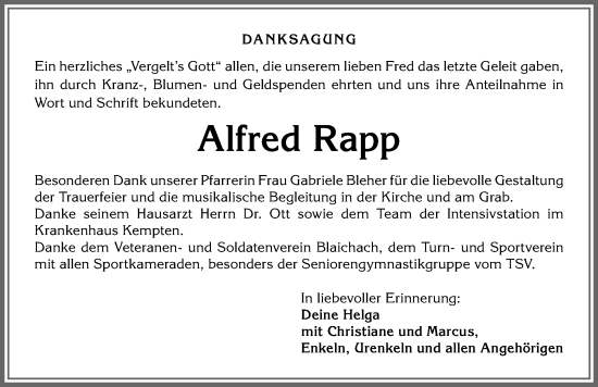 Traueranzeige von Alfred Rapp von Allgäuer Anzeigeblatt