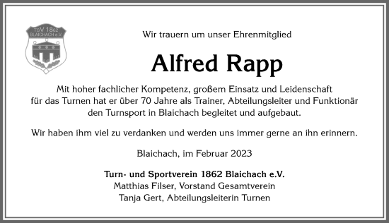 Traueranzeige von Alfred Rapp von Allgäuer Anzeigeblatt