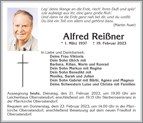 Traueranzeige von Alfred Reißner von Allgäuer Zeitung, Kaufbeuren/Buchloe