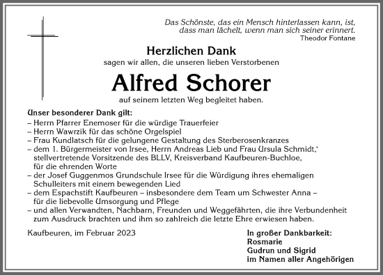 Traueranzeige von Alfred Schorer von Allgäuer Zeitung, Kaufbeuren/Buchloe