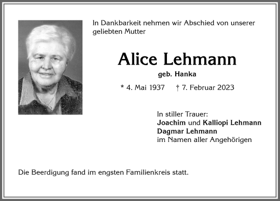 Traueranzeige von Alice Lehmann von Allgäuer Zeitung, Kaufbeuren/Buchloe