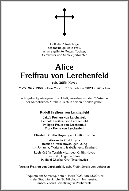 Traueranzeige von Alice Freifrau von Lerchenfeld von Allgäuer Anzeigeblatt