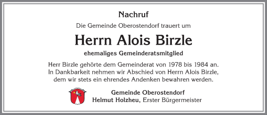 Traueranzeige von Alois Birzle von Allgäuer Zeitung, Kaufbeuren/Buchloe