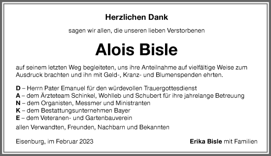 Traueranzeige von Alois Bisle von Memminger Zeitung