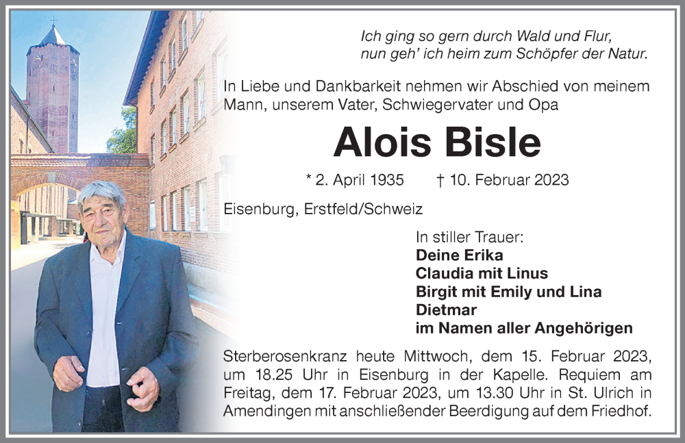  Traueranzeige für Alois Bisle vom 14.02.2023 aus Memminger Zeitung