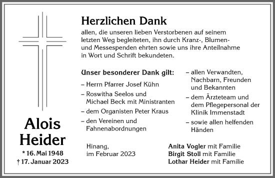 Traueranzeige von Alois Heider von Allgäuer Anzeigeblatt