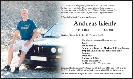 Traueranzeige von Andreas Kienle von Augsburger Allgemeine, Mindelheimer Zeitung