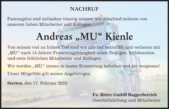 Traueranzeige von Andreas Kienle von Augsburger Allgemeine, Mindelheimer Zeitung