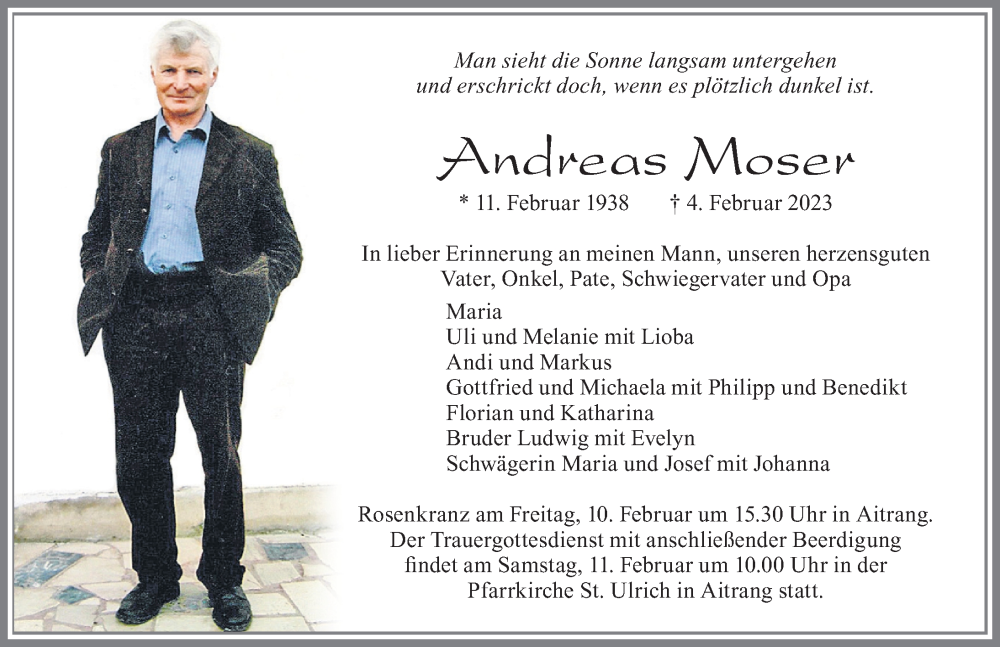  Traueranzeige für Andreas Moser vom 09.02.2023 aus Allgäuer Zeitung, Marktoberdorf