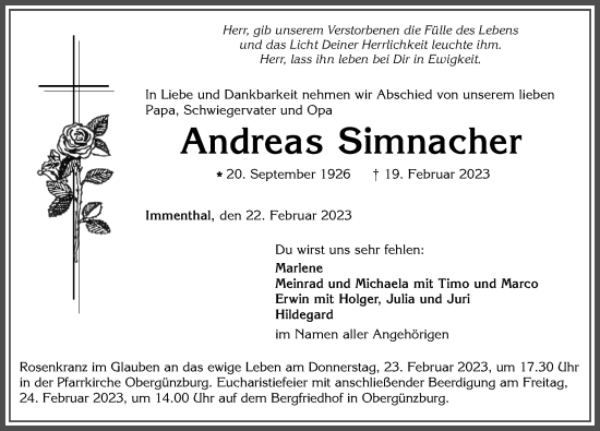 Traueranzeige von Andreas Simnacher von Allgäuer Zeitung, Marktoberdorf