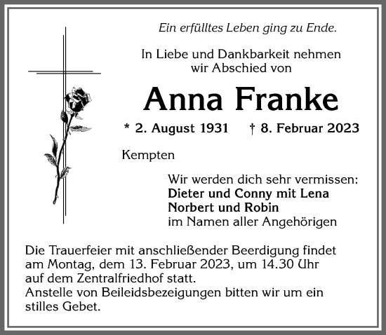 Traueranzeige von Anna Franke von Allgäuer Zeitung,Kempten