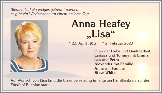 Traueranzeige von Anna Heafey von Allgäuer Zeitung, Kaufbeuren/Buchloe