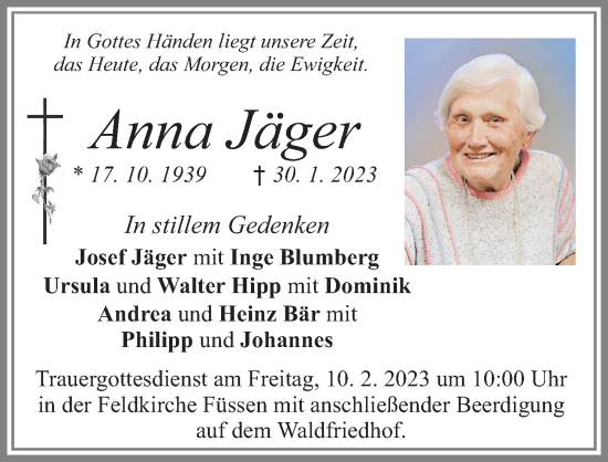 Traueranzeige von Anna Jäger von Allgäuer Zeitung, Füssen