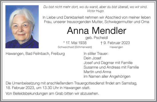 Traueranzeige von Anna Mendler von Memminger Zeitung