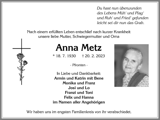 Traueranzeige von Anna Metz von Allgäuer Zeitung, Füssen