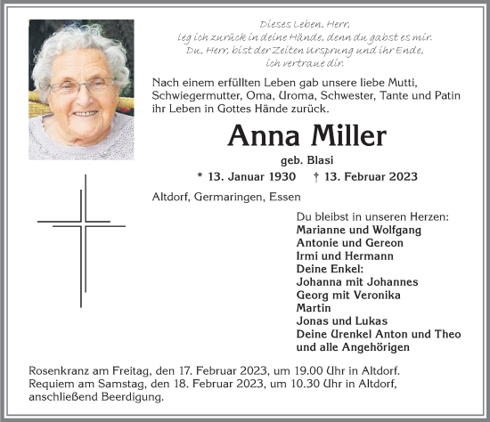 Traueranzeige von Anna Miller von Allgäuer Zeitung, Marktoberdorf