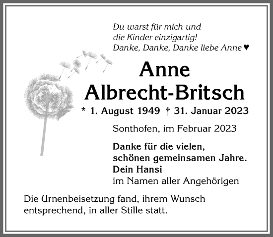 Traueranzeige von Anne Albrecht-Britsch von Allgäuer Anzeigeblatt