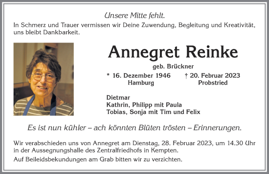 Traueranzeige von Annegret Reinke von Allgäuer Zeitung, Kaufbeuren/Buchloe