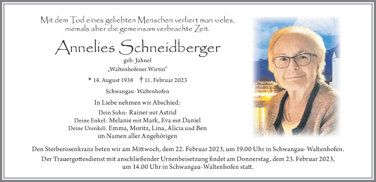 Traueranzeige von Annelies Schneidberger von Allgäuer Zeitung, Füssen