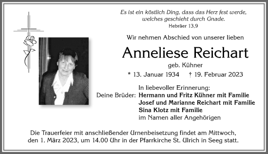 Traueranzeige von Anneliese Reichart von Allgäuer Zeitung, Füssen