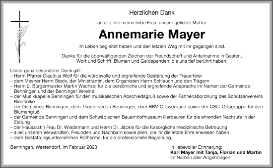 Traueranzeige von Annemarie Mayer von Memminger Zeitung