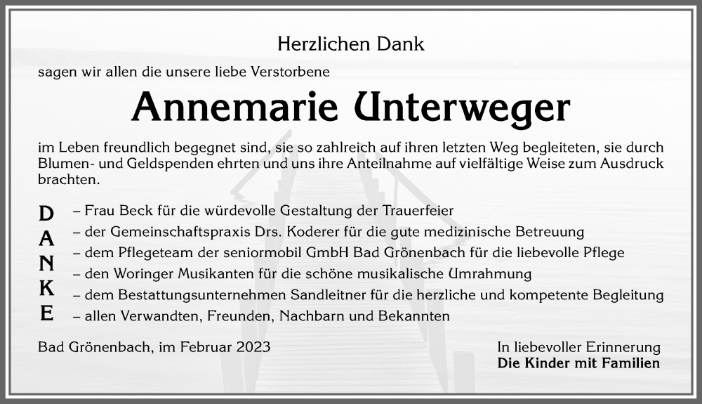  Traueranzeige für Annemarie Unterweger vom 04.02.2023 aus Memminger Zeitung