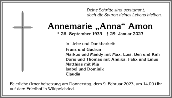 Traueranzeige von Annemarie Anna Amon von Allgäuer Zeitung,Kempten