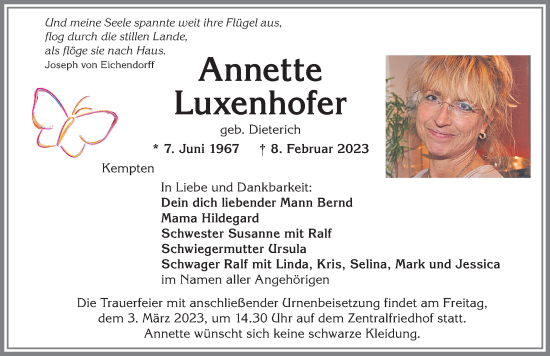 Traueranzeige von Annette Luxenhofer von Allgäuer Zeitung,Kempten