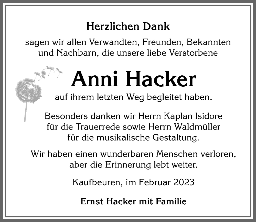  Traueranzeige für Anni Hacker vom 25.02.2023 aus Allgäuer Zeitung, Kaufbeuren/Buchloe