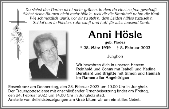 Traueranzeige von Anni Hösle von Allgäuer Anzeigeblatt