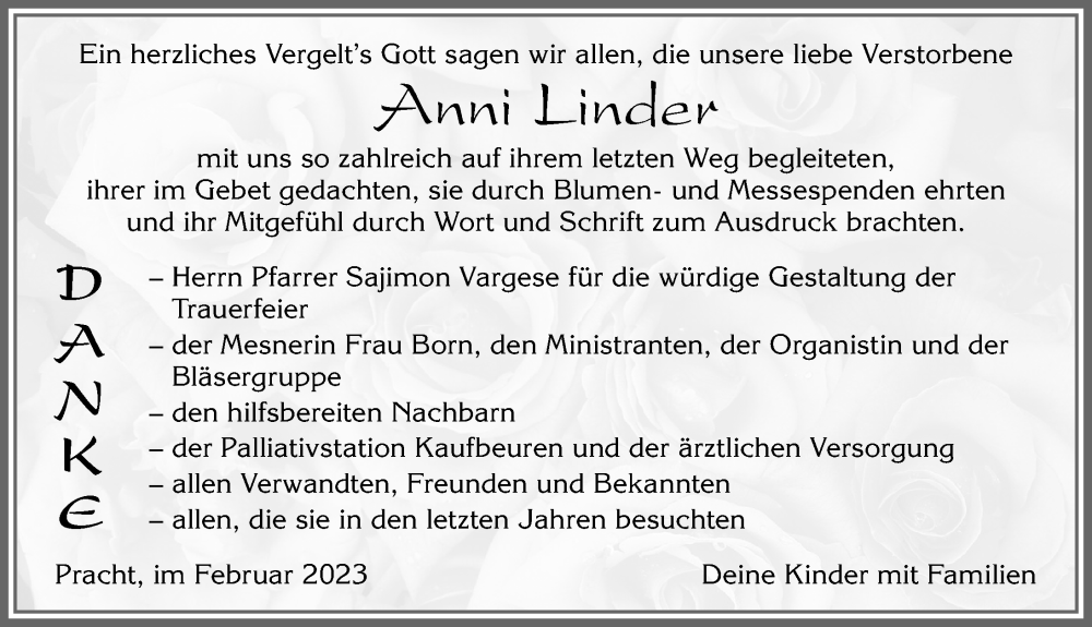  Traueranzeige für Anni Linder vom 15.02.2023 aus Allgäuer Zeitung, Marktoberdorf